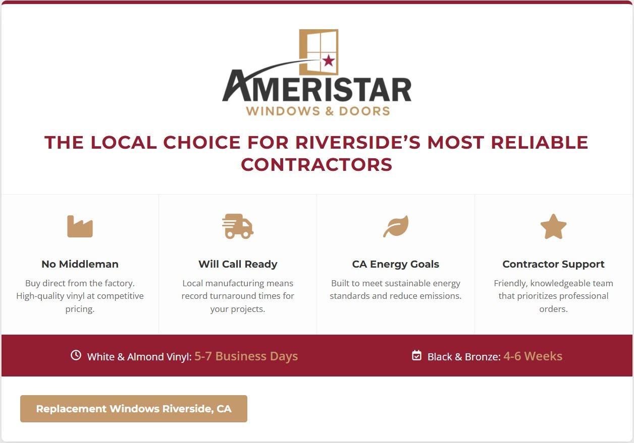 Promotional graphic highlighting Ameristar's contractor benefits and lead times for high-quality replacement windows Riverside, CA.