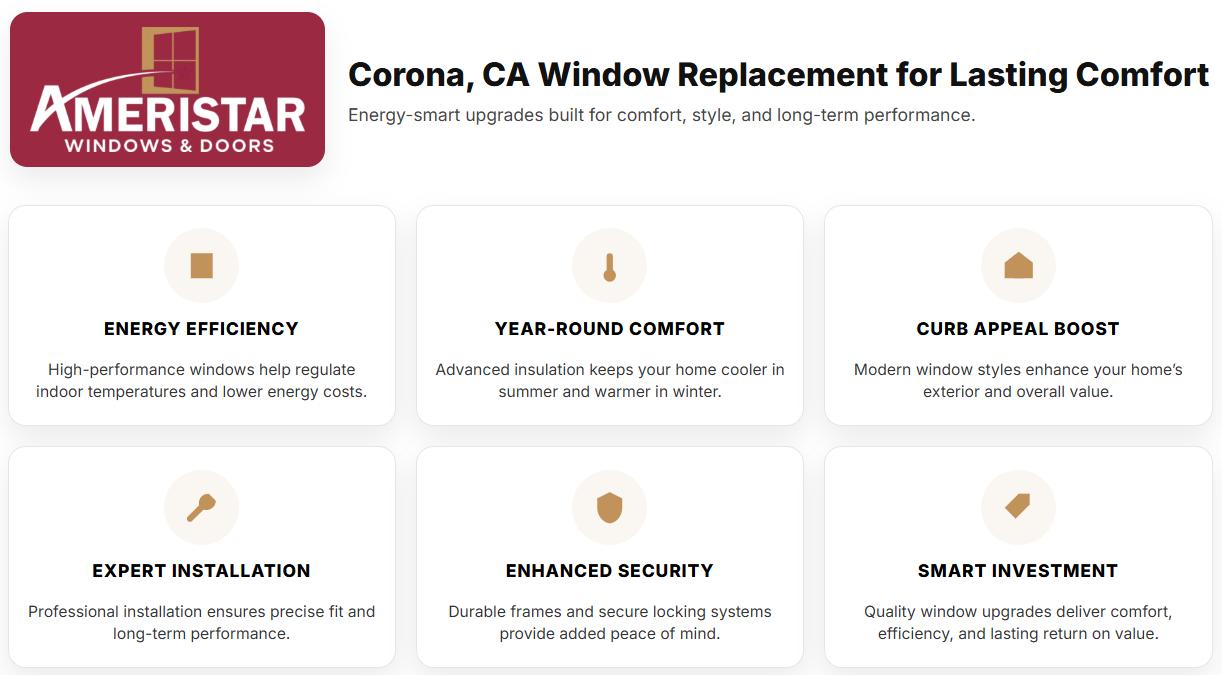 Infographic for Ameristar Windows & Doors highlighting energy efficiency, comfort, security, and expert installation for window replacement Corona, CA.